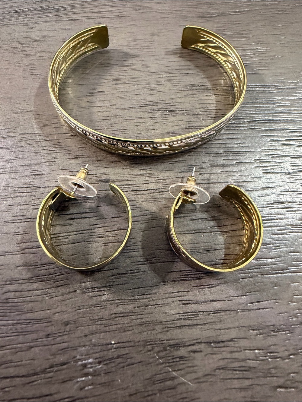 Gold-Tone Etched Cuff Bracelet and Hoop Earring Set Vintage